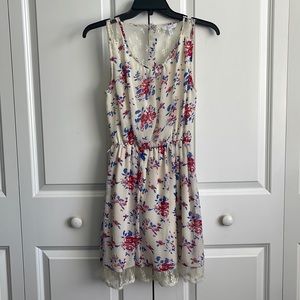 Floral blue, red, and beige lace dress